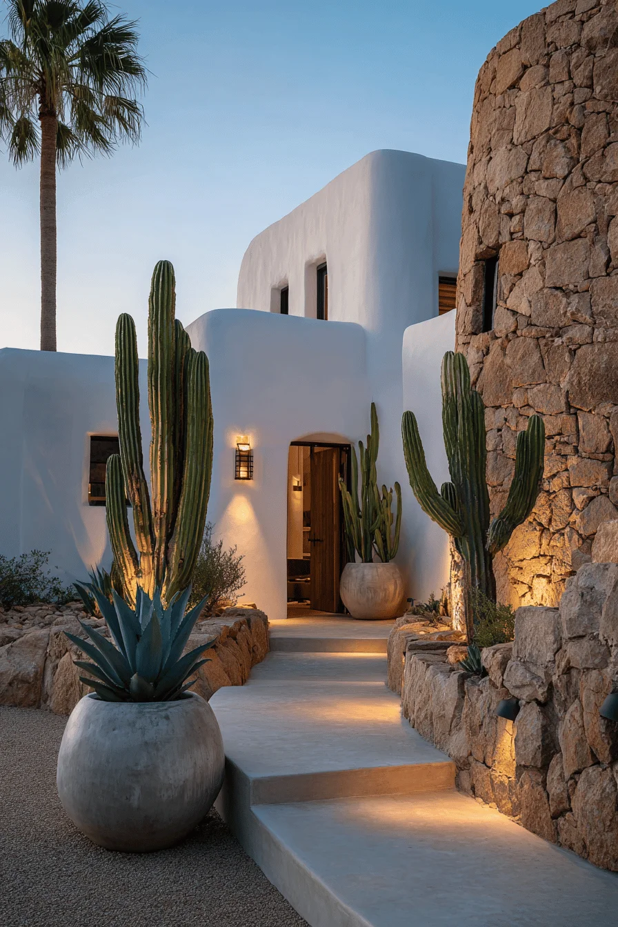 ibiza villa exterior featuring whitewashed walls stone textures evening lighting desert plants and curved mediterranean entrance pathway