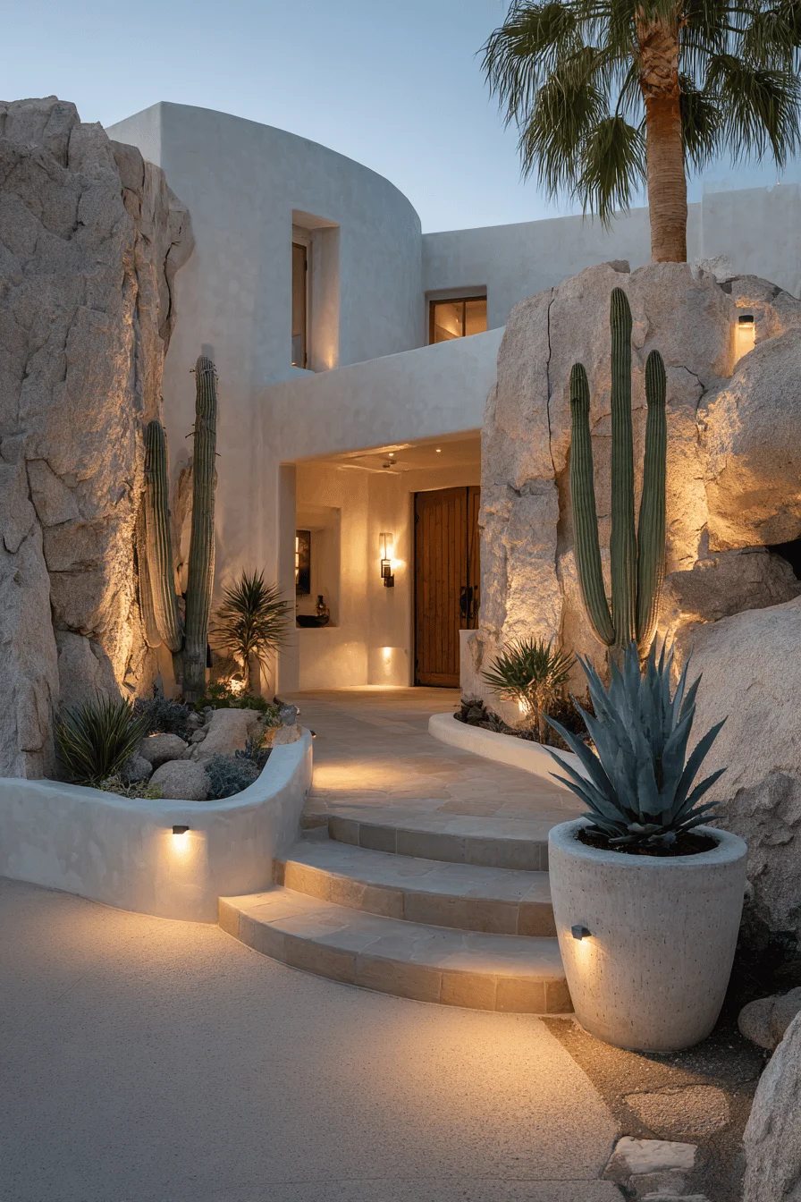 ibiza villa exterior showcasing whitewashed walls stone textures concrete planters cacti and warm evening lighting on architectural elements