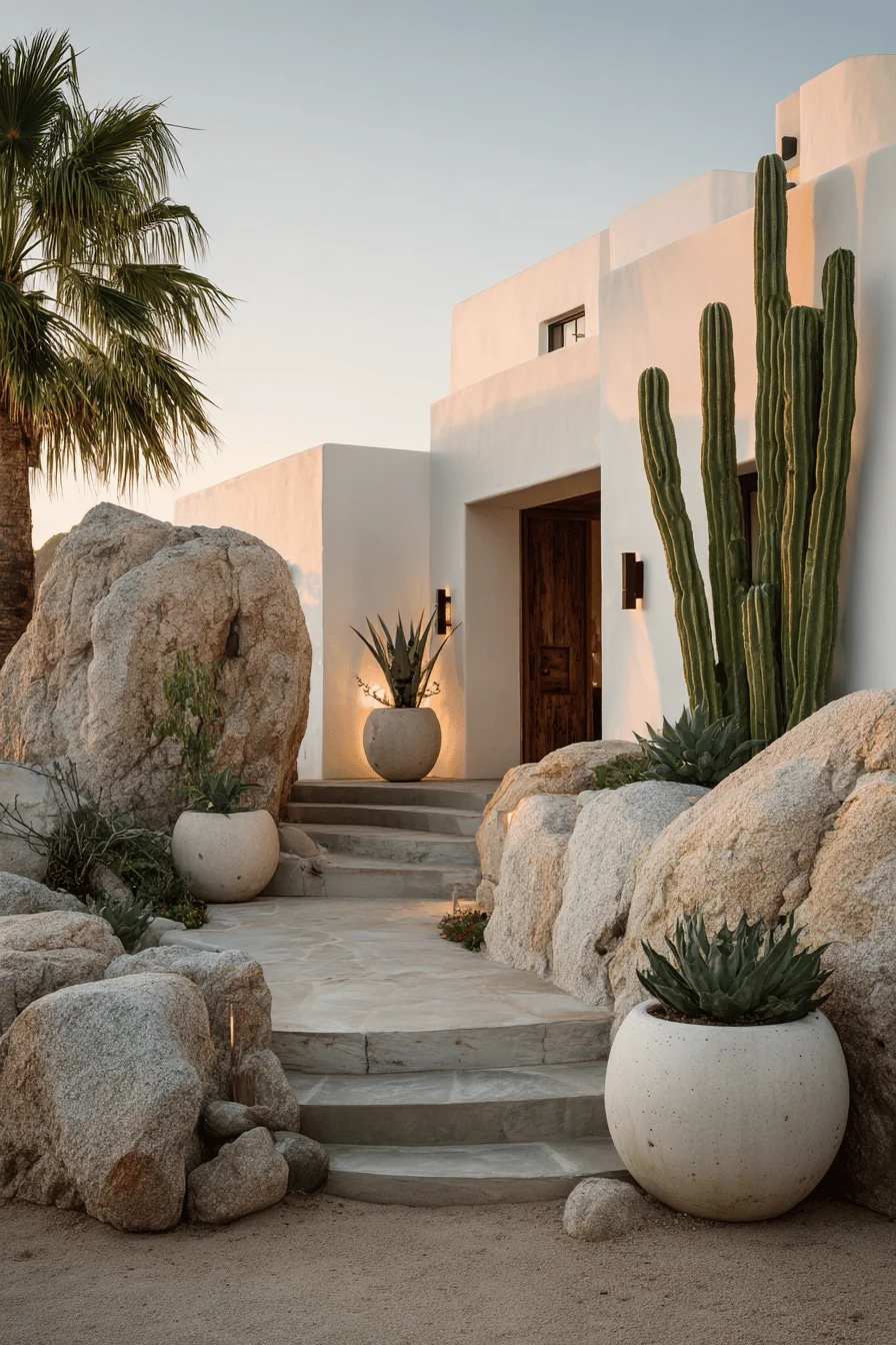 ibiza villa exterior with whitewashed walls organic stone textures desert landscaping cacti palm trees and minimalist entrance pathway