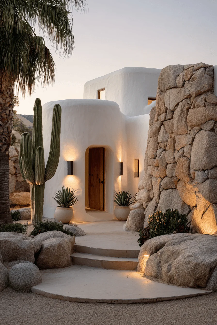ibiza villa exterior with whitewashed walls stone textures desert plants outdoor sconces and mediterranean curved entryway with stone steps