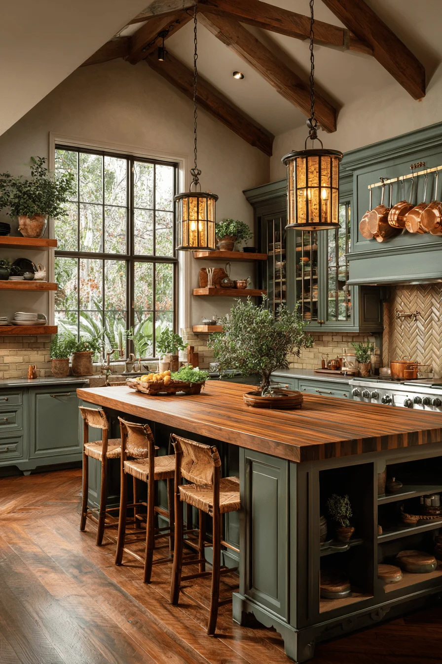 kitchen cabinets interior design featuring rustic dark green kitchen with glass front uppers and herb garden shelving