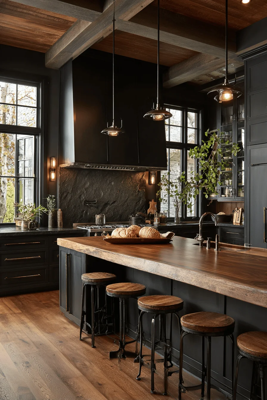 kitchen dining room with dark rustic kitchen featuring rustic dark cabinets kitchen and natural lighting