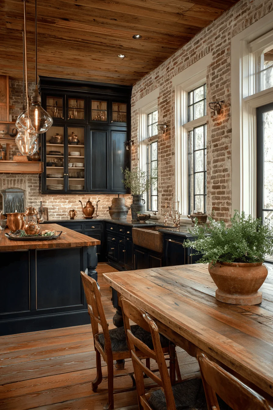 kitchen furniture house aesthetic featuring dark wood rustic kitchen with premium oak farmhouse table and bentwood chairs