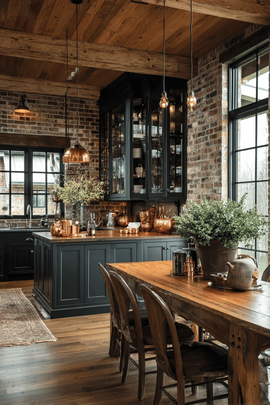 kitchen hacks room design showcasing dark wood rustic kitchen with exposed brick backsplash and copper pendant lighting