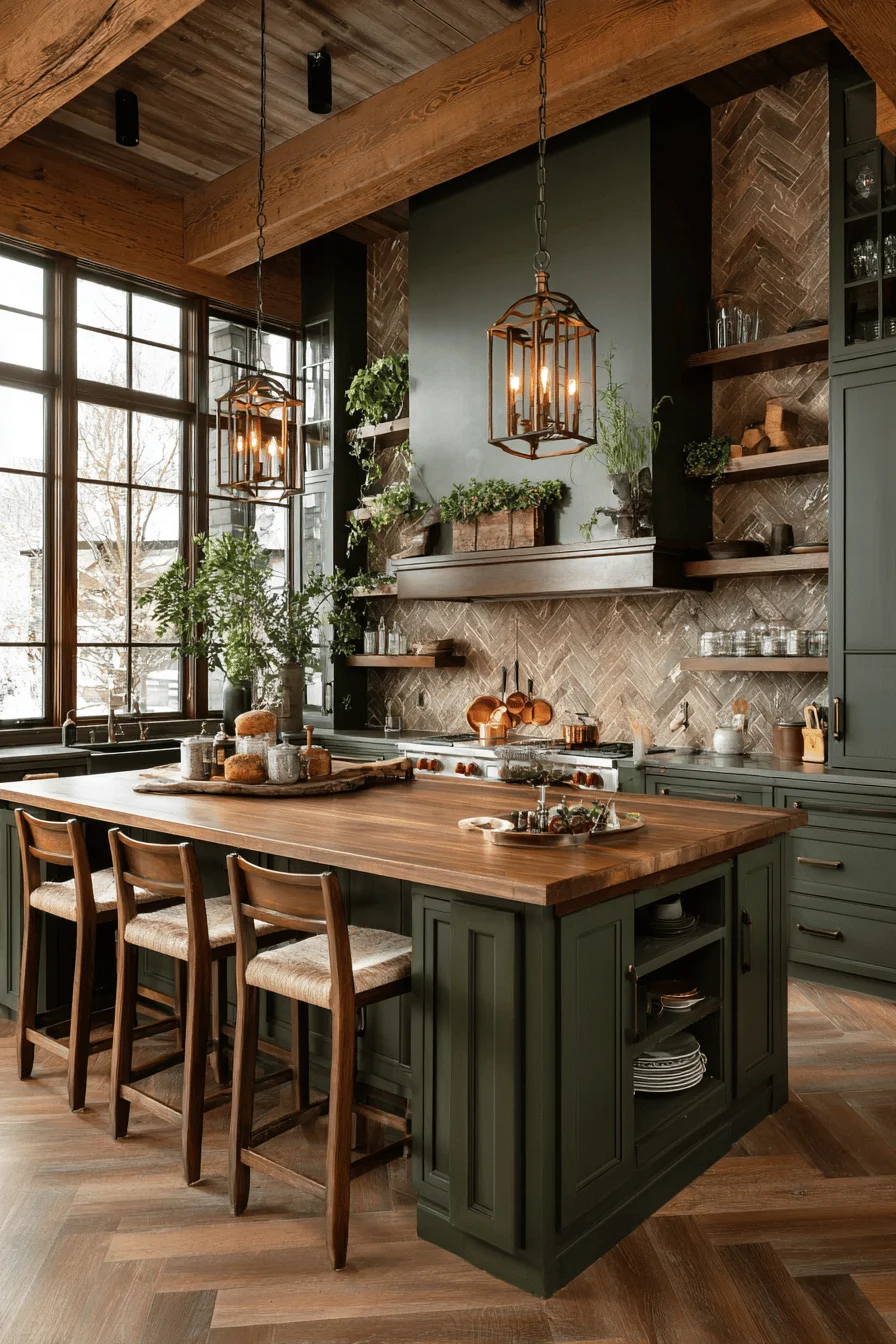 kitchen ideas room decor showcasing rustic dark green kitchen cabinetry with natural wood island and herringbone backsplash