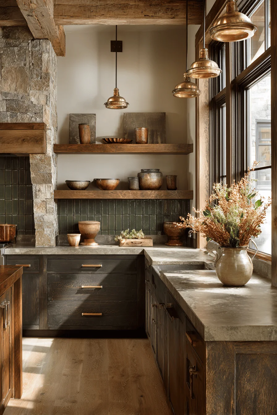 kitchen island house design showcasing rustic dark kitchen with dark wood kitchen island and stone countertops