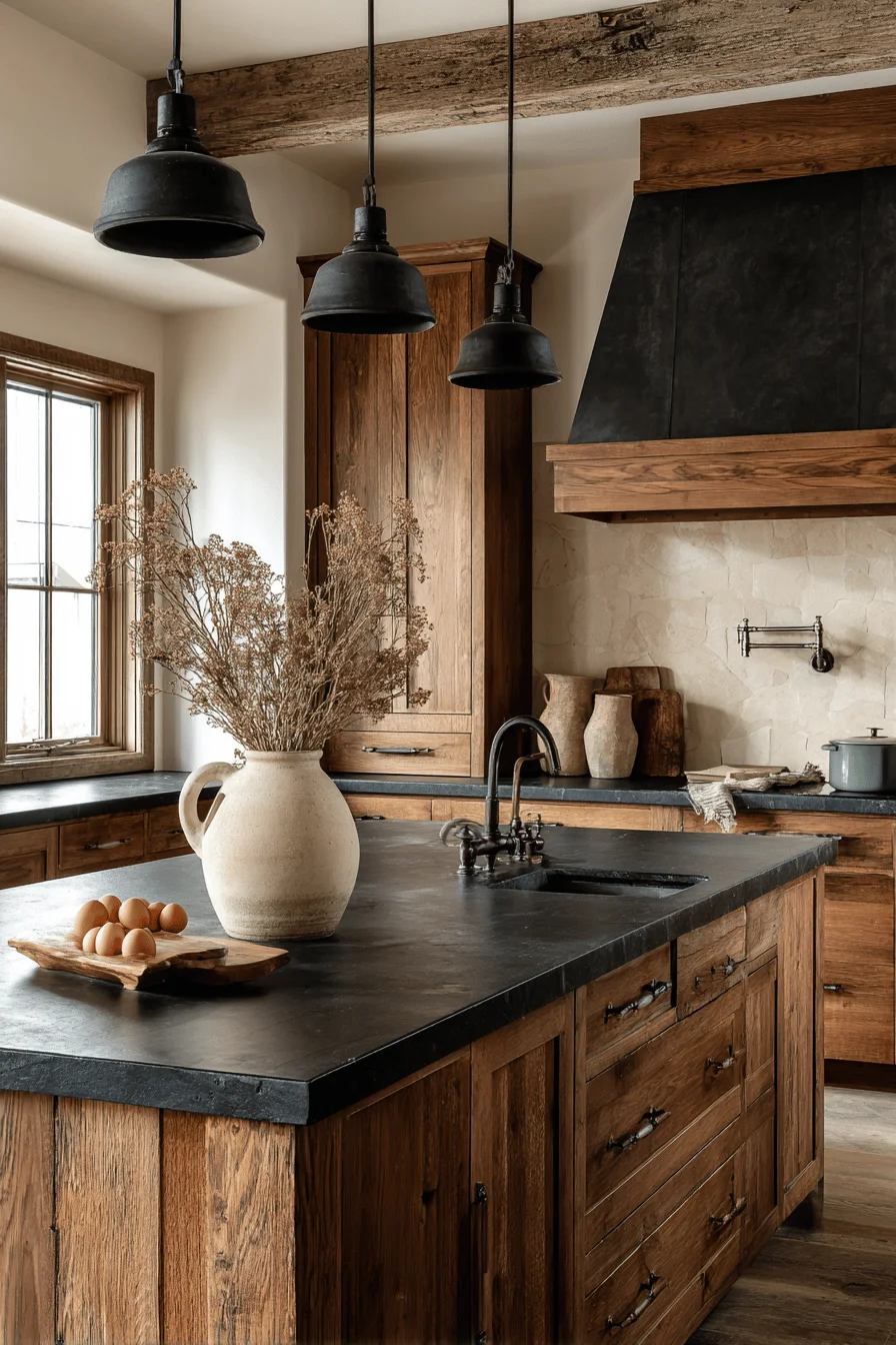 kitchen island lighting with three black metal pendants hanging over dark walnut island complemented by rustic wooden beams and stone accents