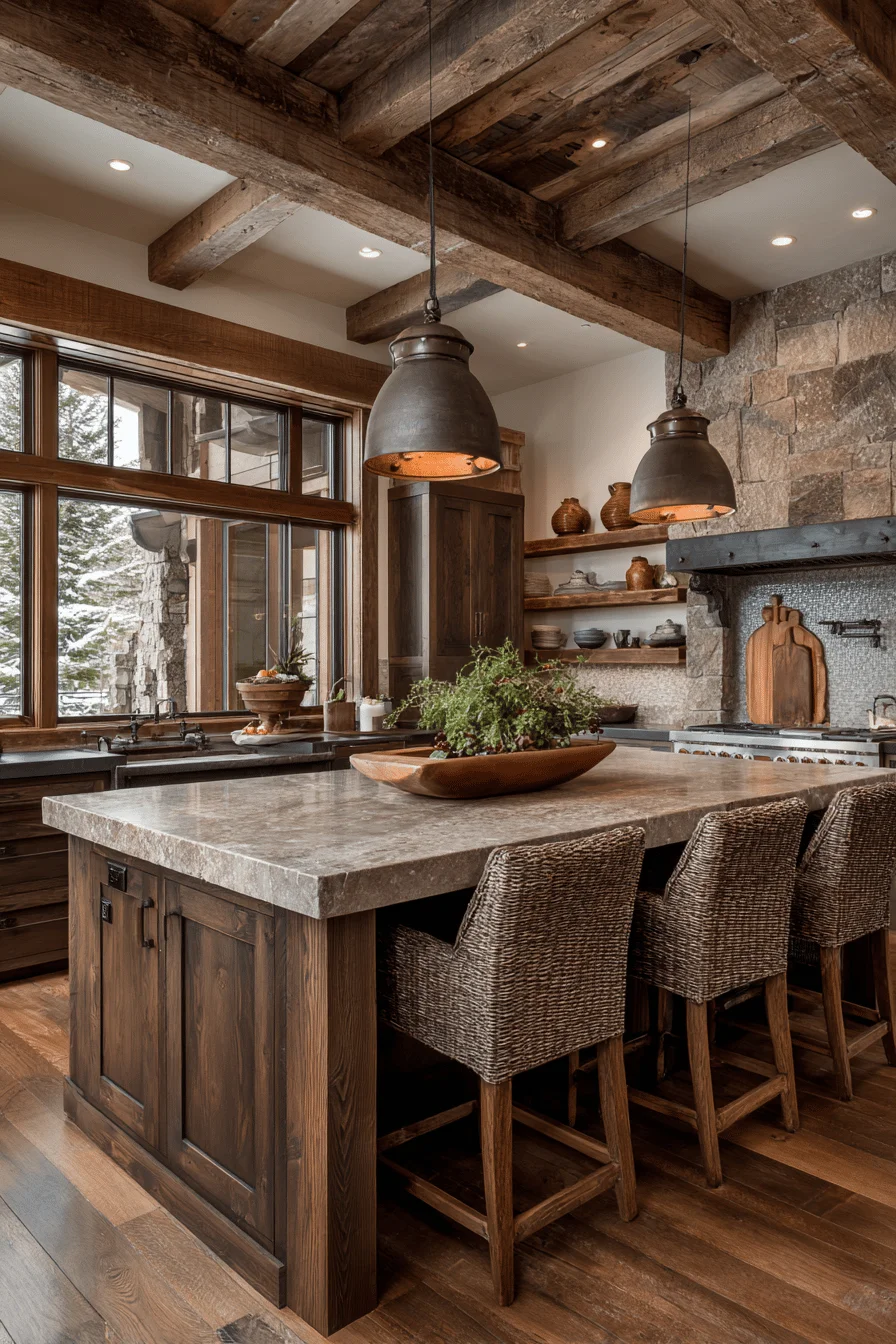 kitchen layouts featuring dark rustic kitchen with rustic kitchen dark cabinets and substantial kitchen island