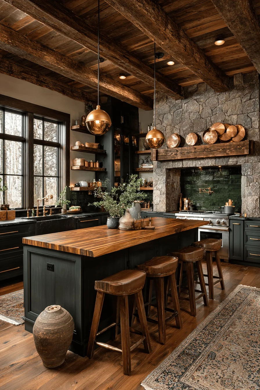 kitchen lighting home design with dark rustic kitchen featuring warm brass spherical pendant lighting