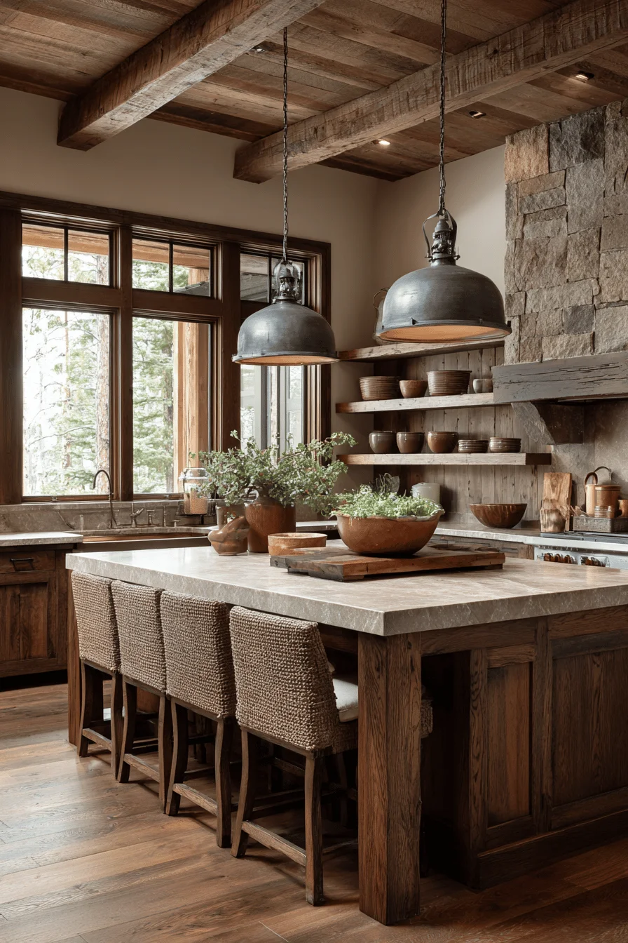kitchen living room featuring dark rustic kitchen with rustic kitchen dark cabinets and weathered wood beam ceiling