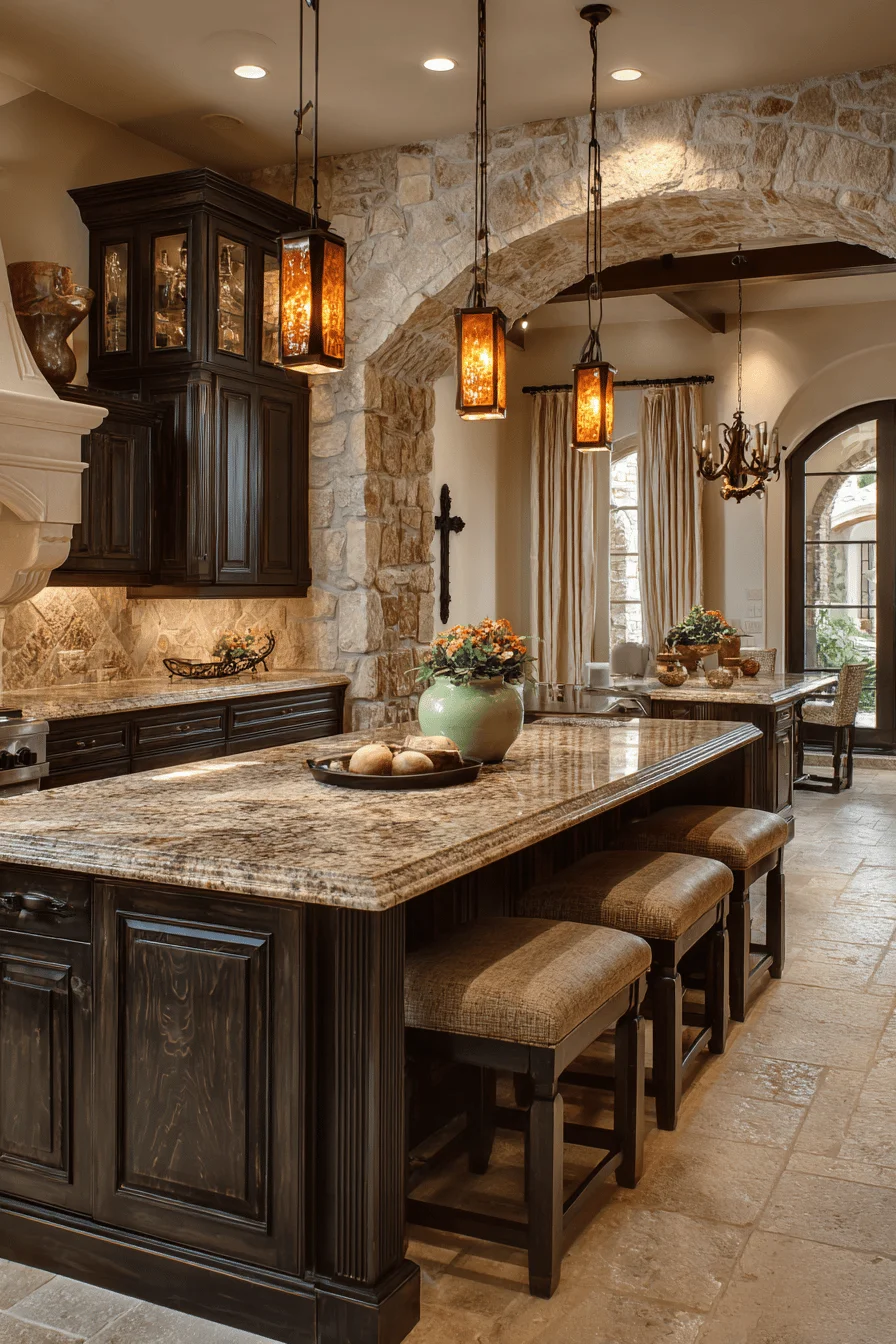 kitchen nook dream house decor showcasing dark rustic kitchen cabinets with comfortable counter height seating and back support