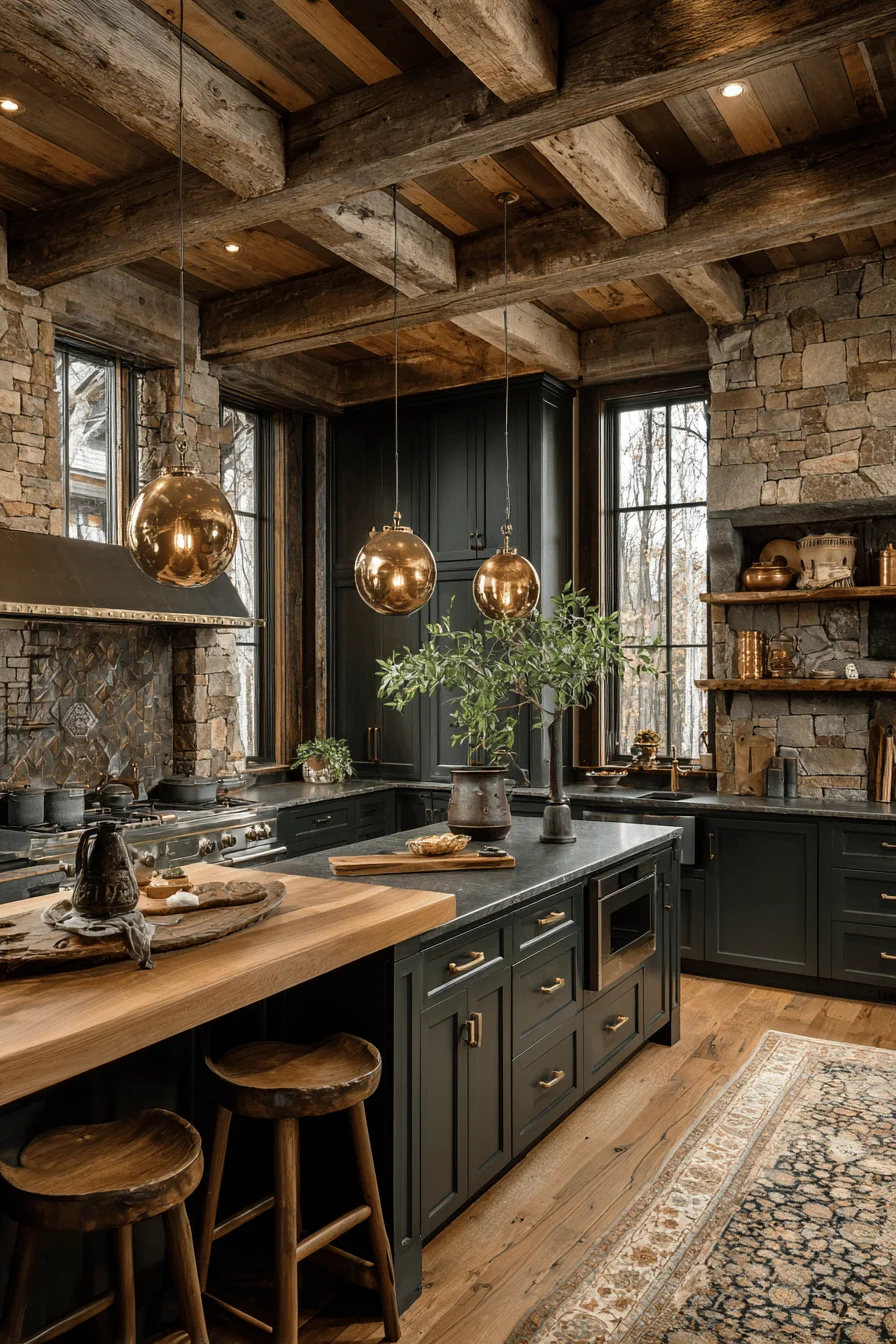 kitchen sink home interior design featuring dark rustic kitchen with weathered wood beams and charcoal cabinetry
