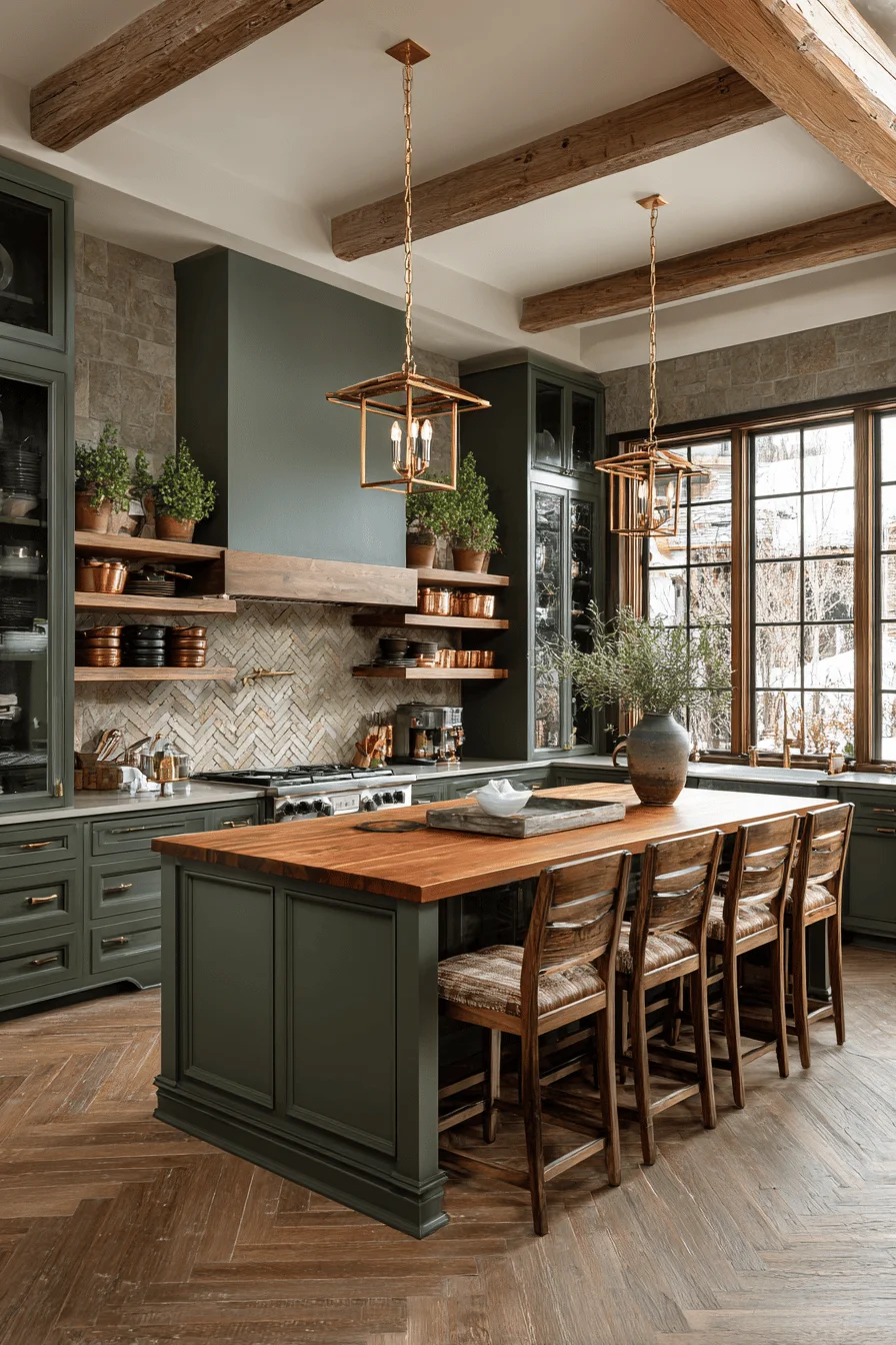 kitchen style home decor featuring rustic dark green kitchen cabinets with warm wooden accents and brass lighting