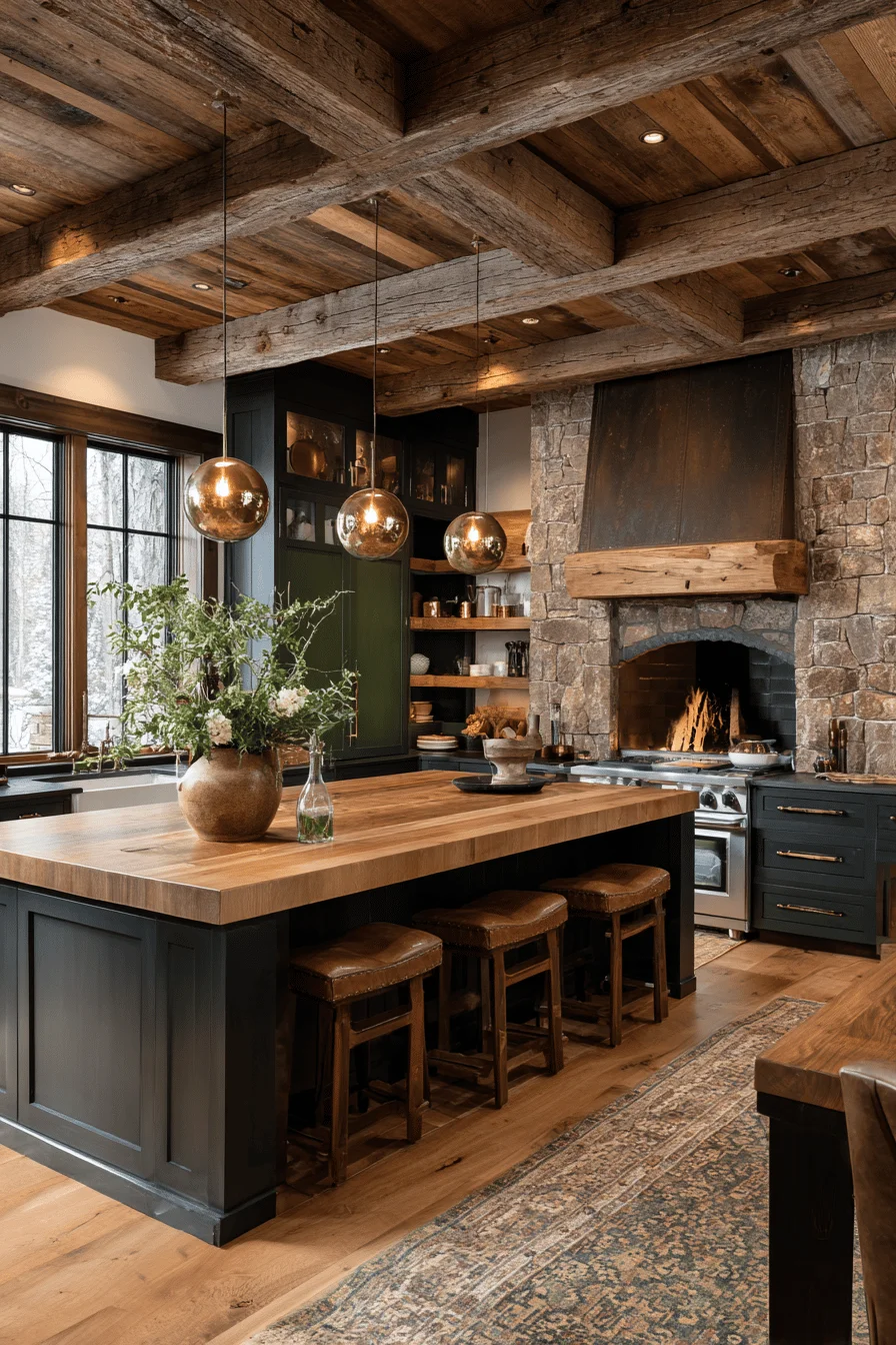 kitchen table furniture design showcasing dark rustic kitchen with reclaimed oak butcher block and wooden stools