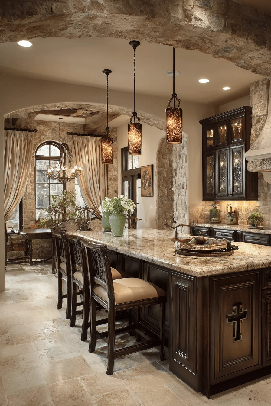 kitchen tile dream house interior with dark rustic kitchen cabinets featuring limestone tile flooring in warm beige tones