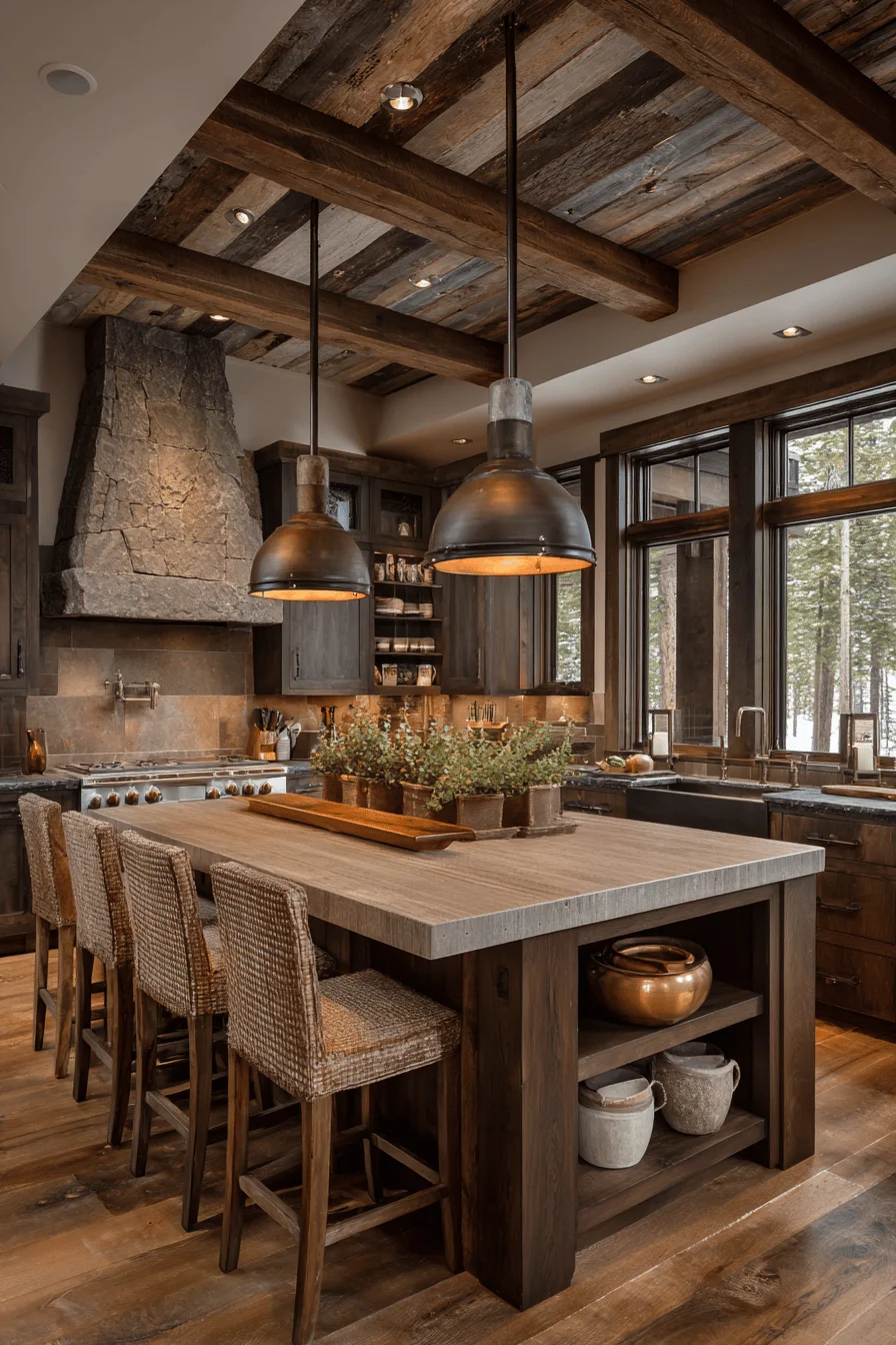 kitchen witch featuring dark rustic kitchen with rustic kitchen dark cabinets and copper bowl displays