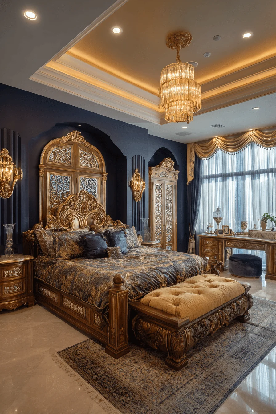 luxurious bedroom design featuring king bed gold accents navy walls and crystal chandelier lighting
