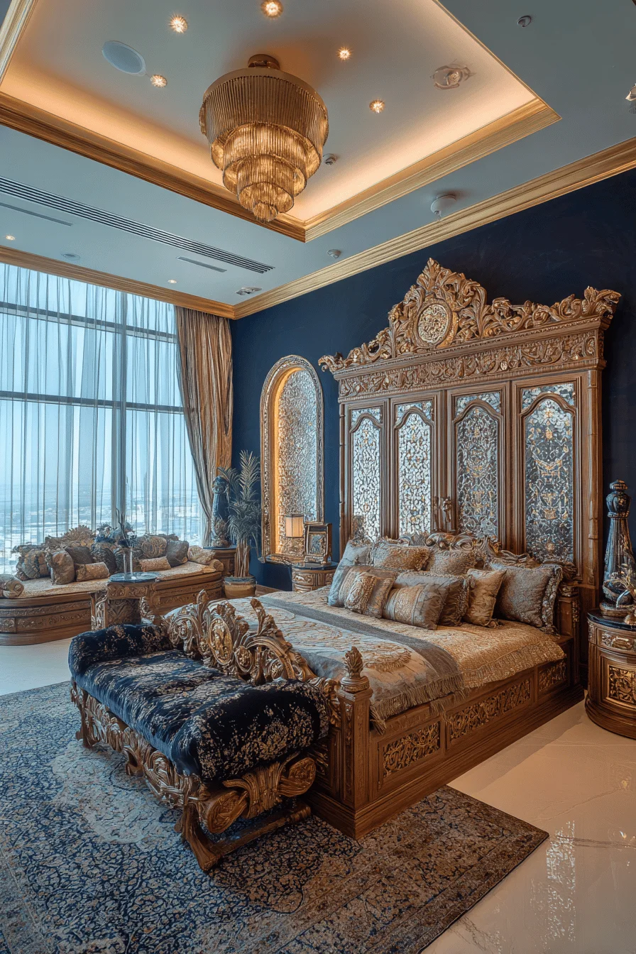 luxurious bedroom design featuring king bed gold headboard wooden armoire and silk area rug