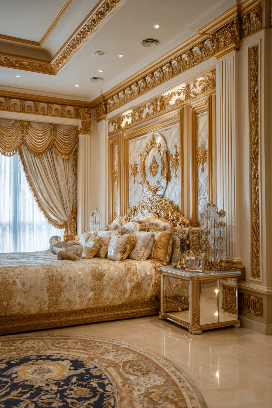 luxurious bedroom design ideas featuring dubai style gold accents marble flooring mirrored nightstand and king sized bed with gold duvet