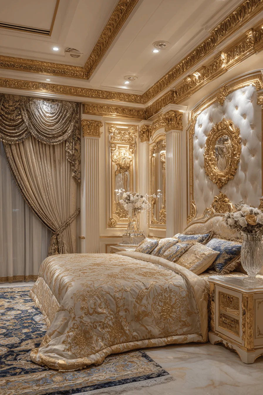 luxurious bedroom design ideas with dubai style featuring gold molding marble floors mirrored furniture and champagne blue rug