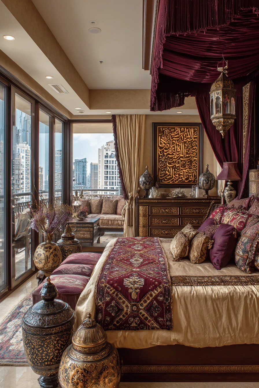 luxurious bedroom with arabian influences brass lantern velvet bed and decorative calligraphy wall art