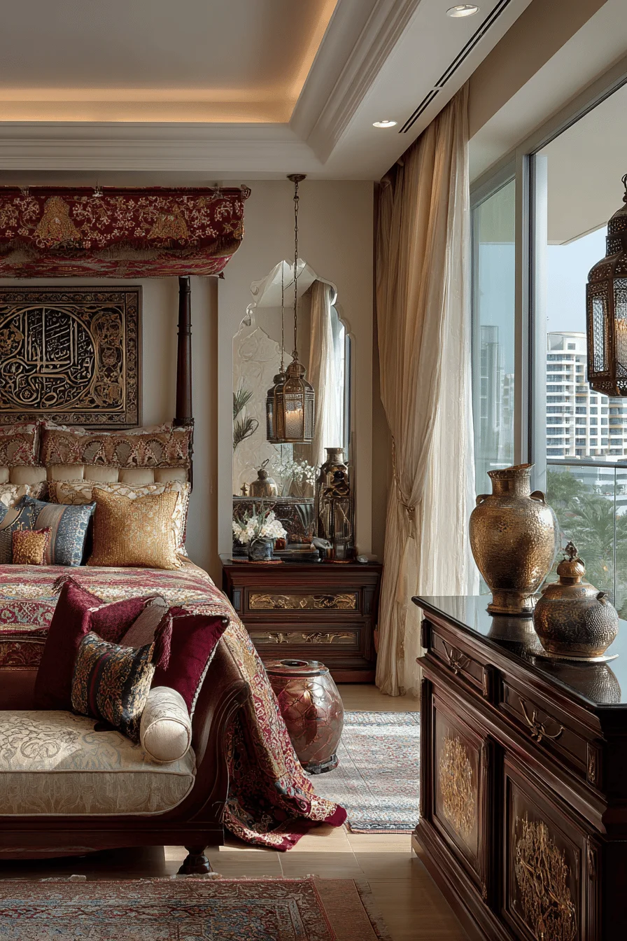 luxurious bedroom with dubai style featuring velvet bed embroidered canopy and ornate wooden dresser