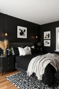 luxurious black bedroom decor with textural elements dark bedding pendant light wooden floor and gallery wall