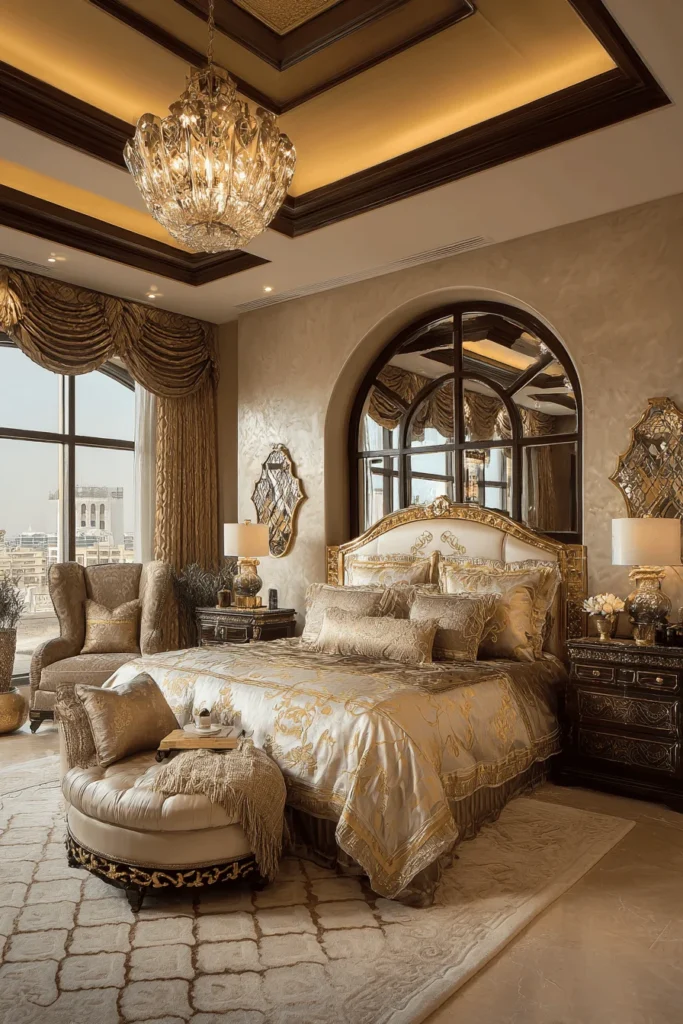 luxurious guest bedroom with gold headboard silk bedding crystal chandelier and desert views