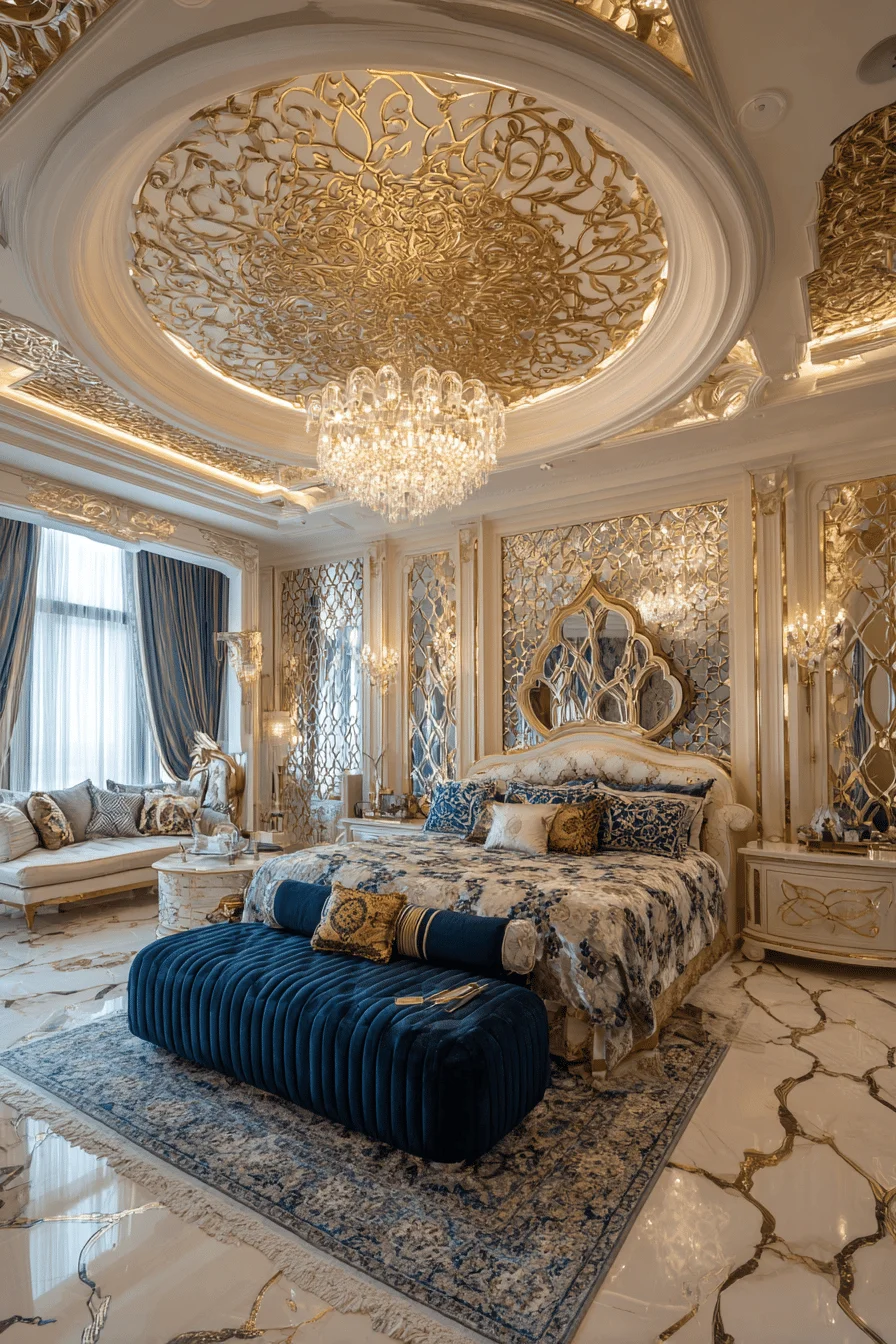 luxurious house bedroom with dubai elegance ornate ceiling medallion crystal chandelier velvet ottoman persian carpet and marble floors