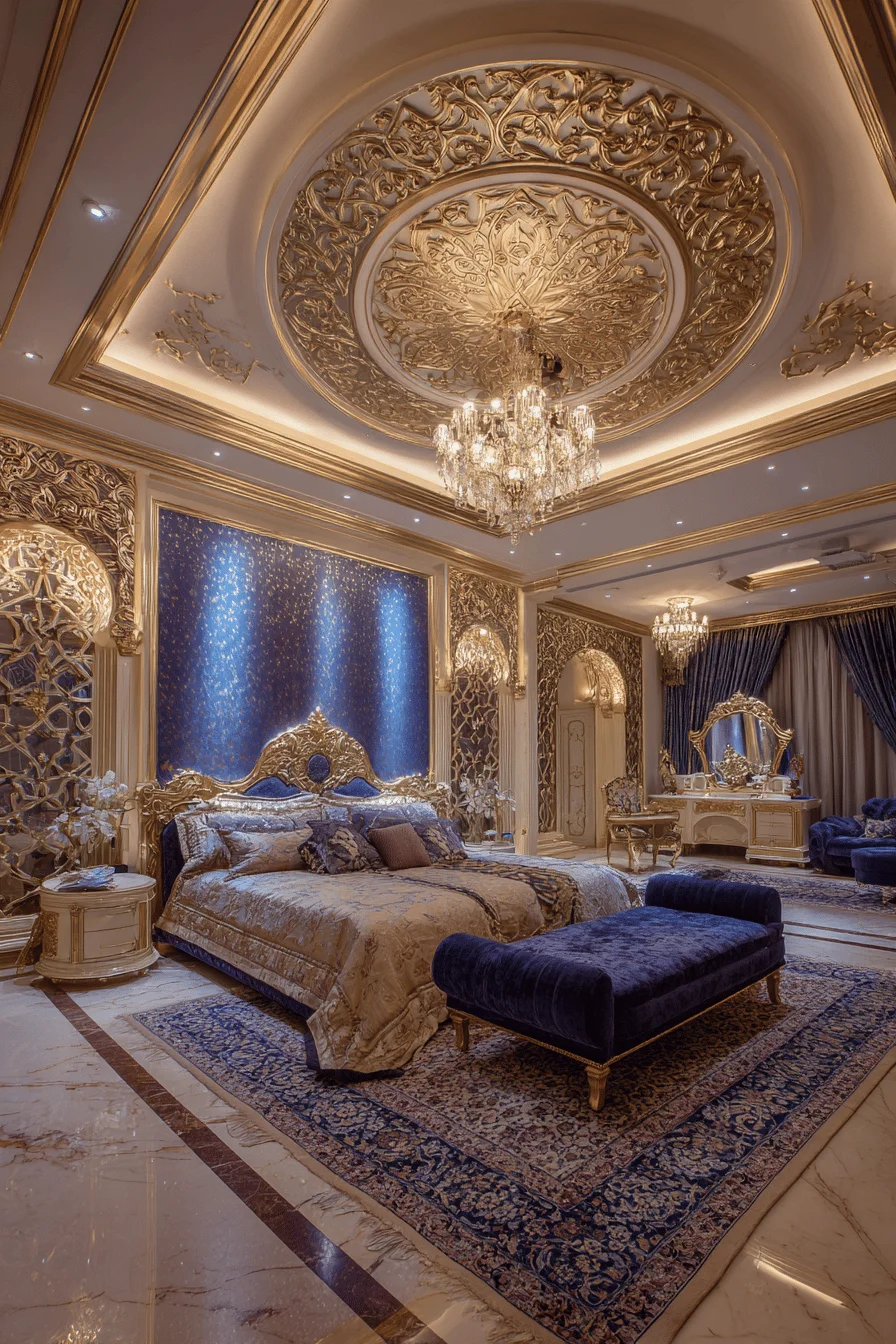 luxurious house bedroom with dubai style arabian elegance gold ceiling crystal chandelier silk headboard marble floors and persian carpet