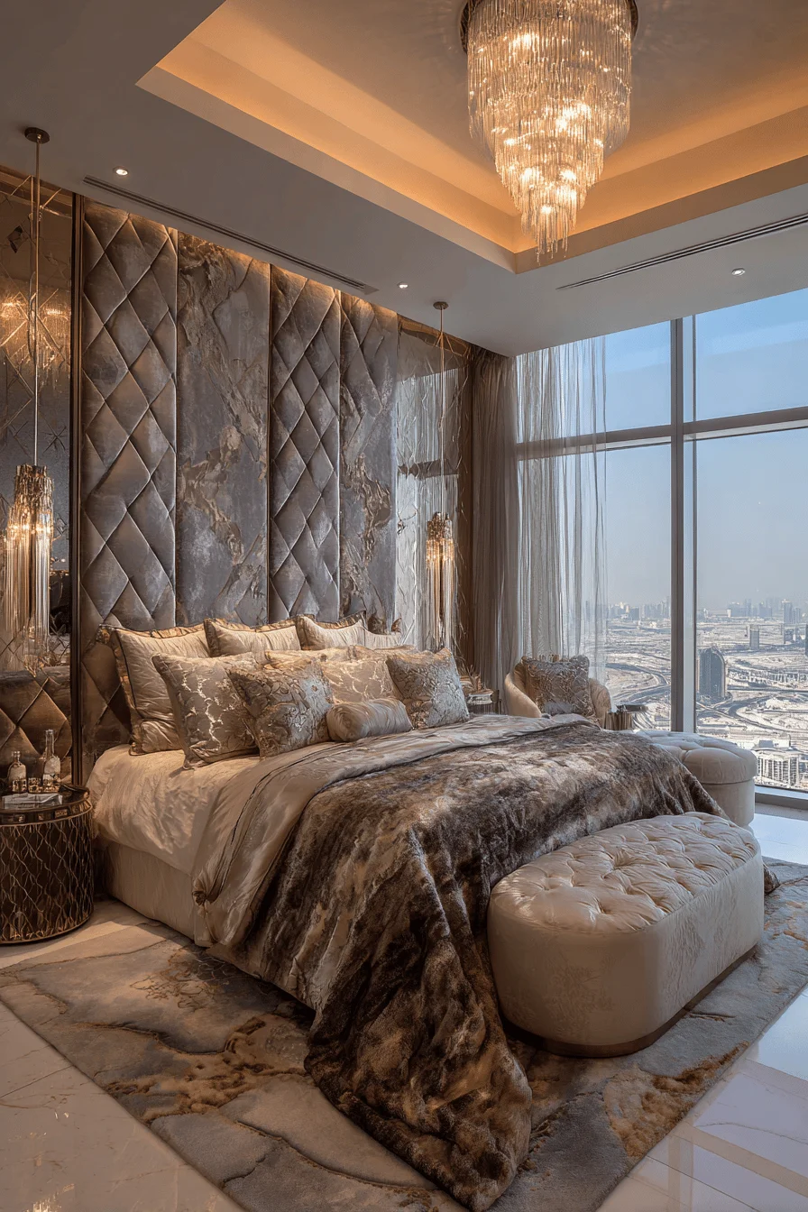 luxurious rooms bedroom with diamond tufted walls silk pillows and brass furniture in dubai style