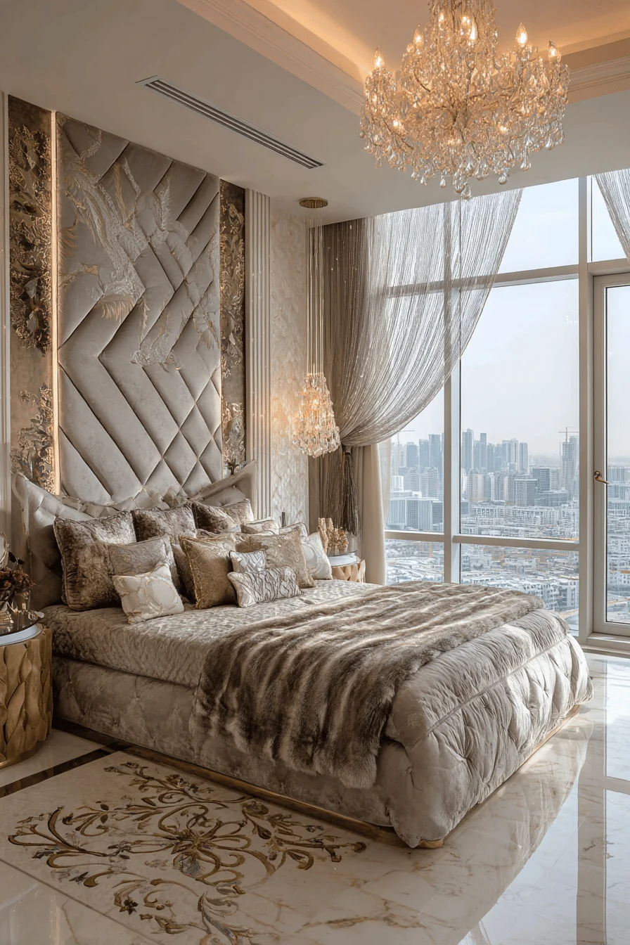 luxurious rooms bedroom with velvet panels king bed silk pillows and crystal chandelier in dubai style