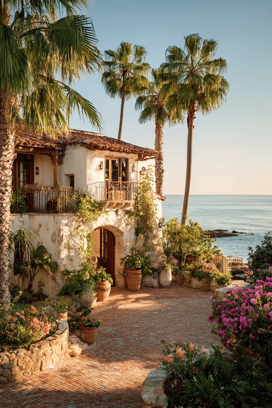 mediterranean exterior with ibiza style beachfront spanish villa featuring cream stucco walls and terracotta roof tiles