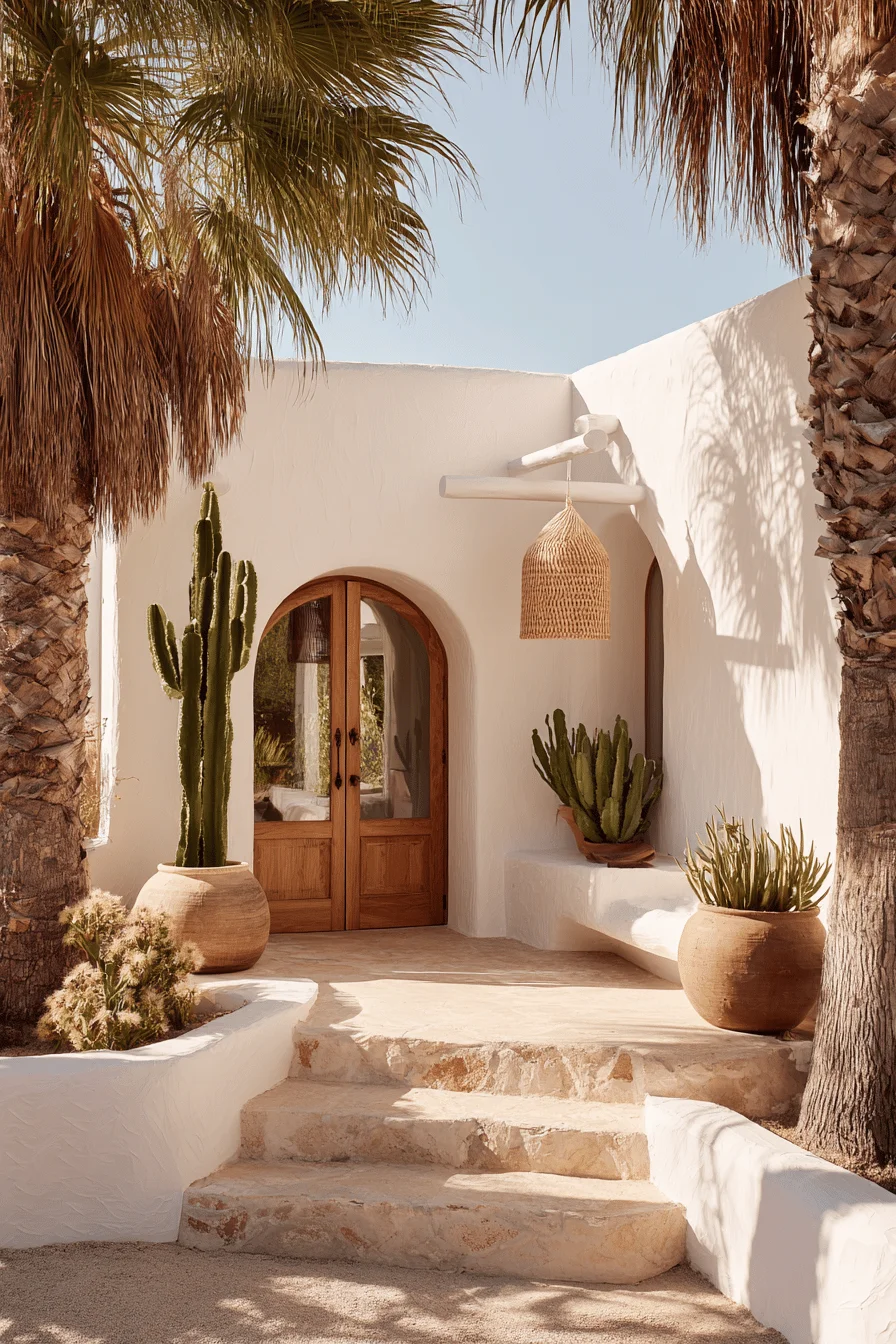 mediterranean house designs exterior with whitewashed walls arched doorway terracotta planters natural fiber pendant light warm sunlight