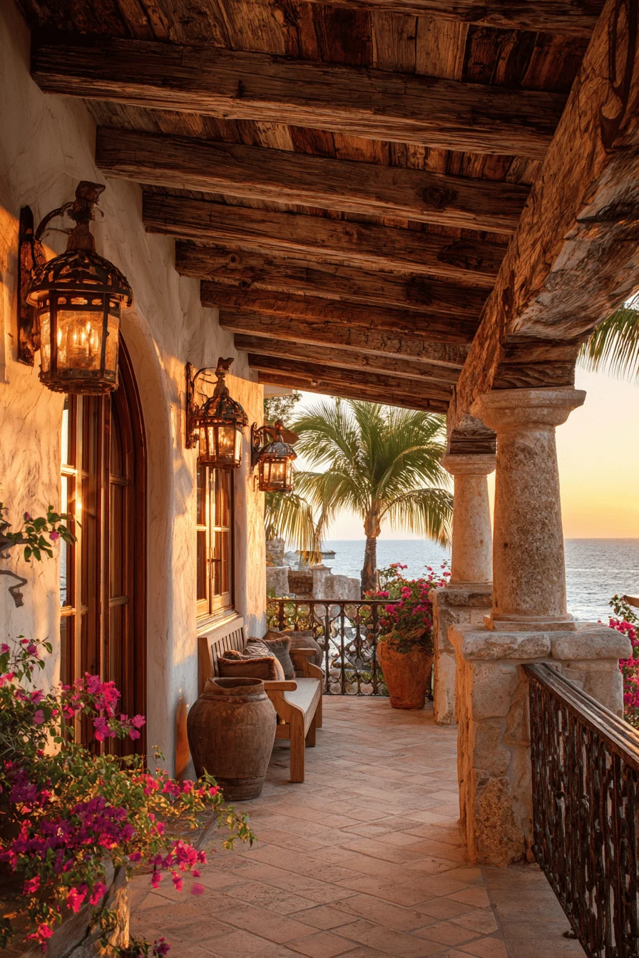 mediterranean house exterior of spanish villa home with arched doorways stone columns and clay roof tiles