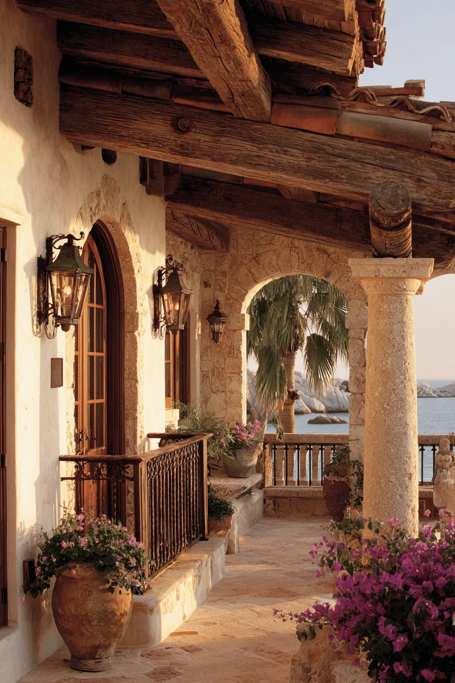 mediterranean house exterior spanish villa home with whitewashed stucco walls clay tile roof and ornate wrought iron balustrades