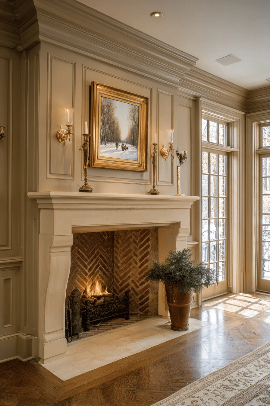 modern adaptation english country fireplace with cream surround hardwood flooring patterned area rug multipane window home decor ideas brass accessories