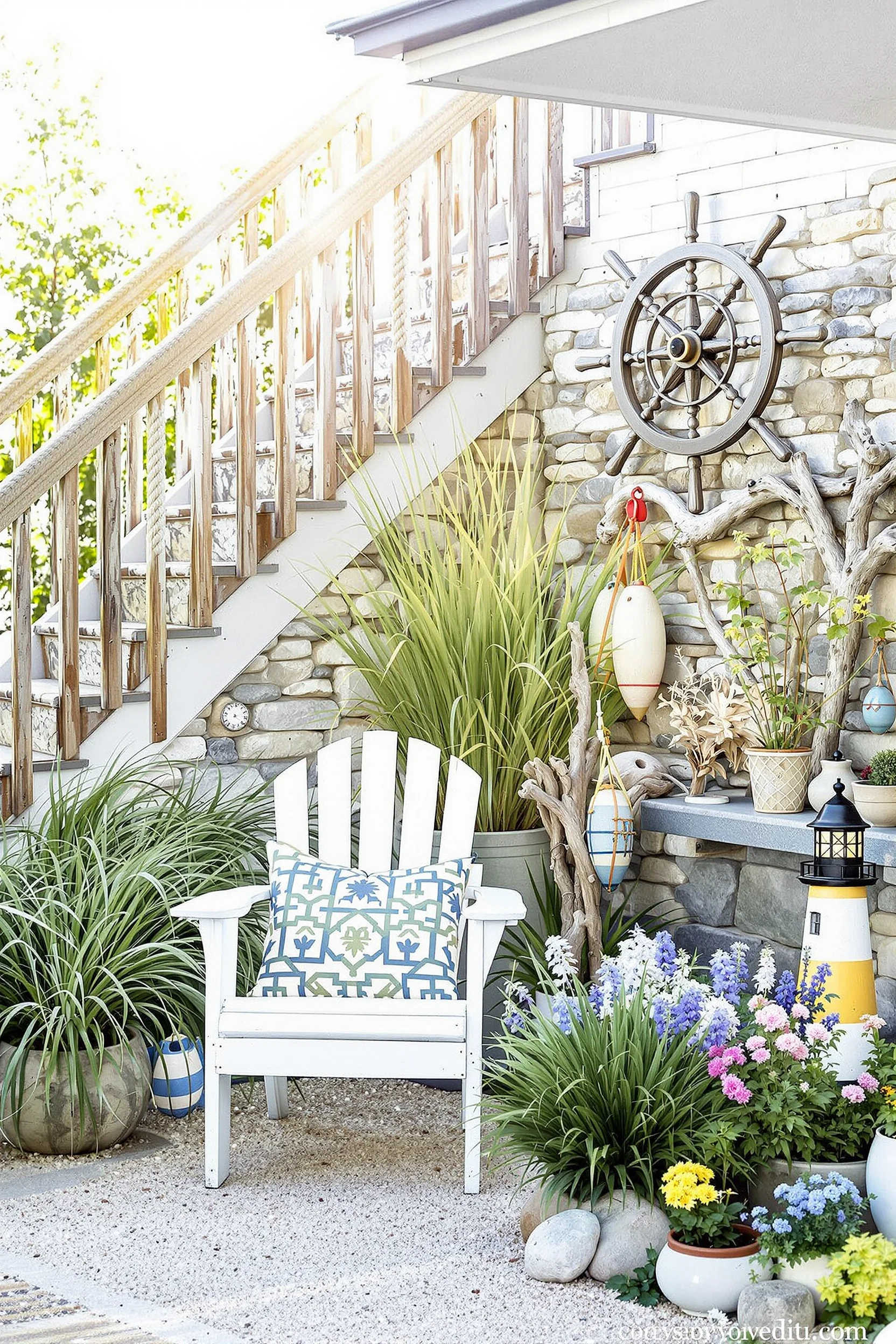 modern coastal garden featuring white adirondack chair driftwood sculptures and vintage ship wheel on stone wall
