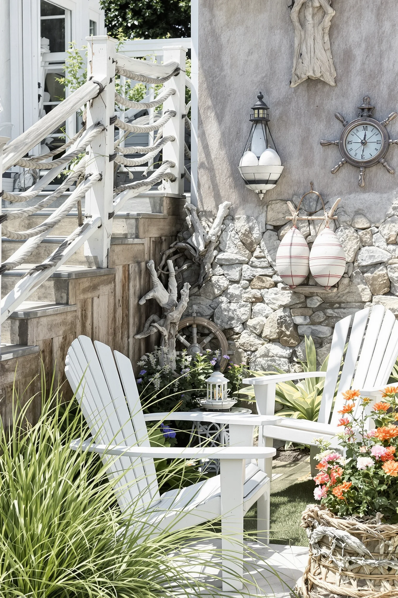 modern coastal garden with nautical accents weathered rope railings glass buoys and lighthouse among coastal plants