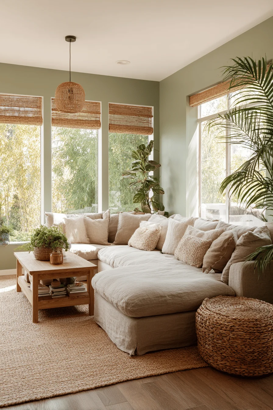 modern earthy home decor living room with comfortable linen sectional jute rug and sage accent wall