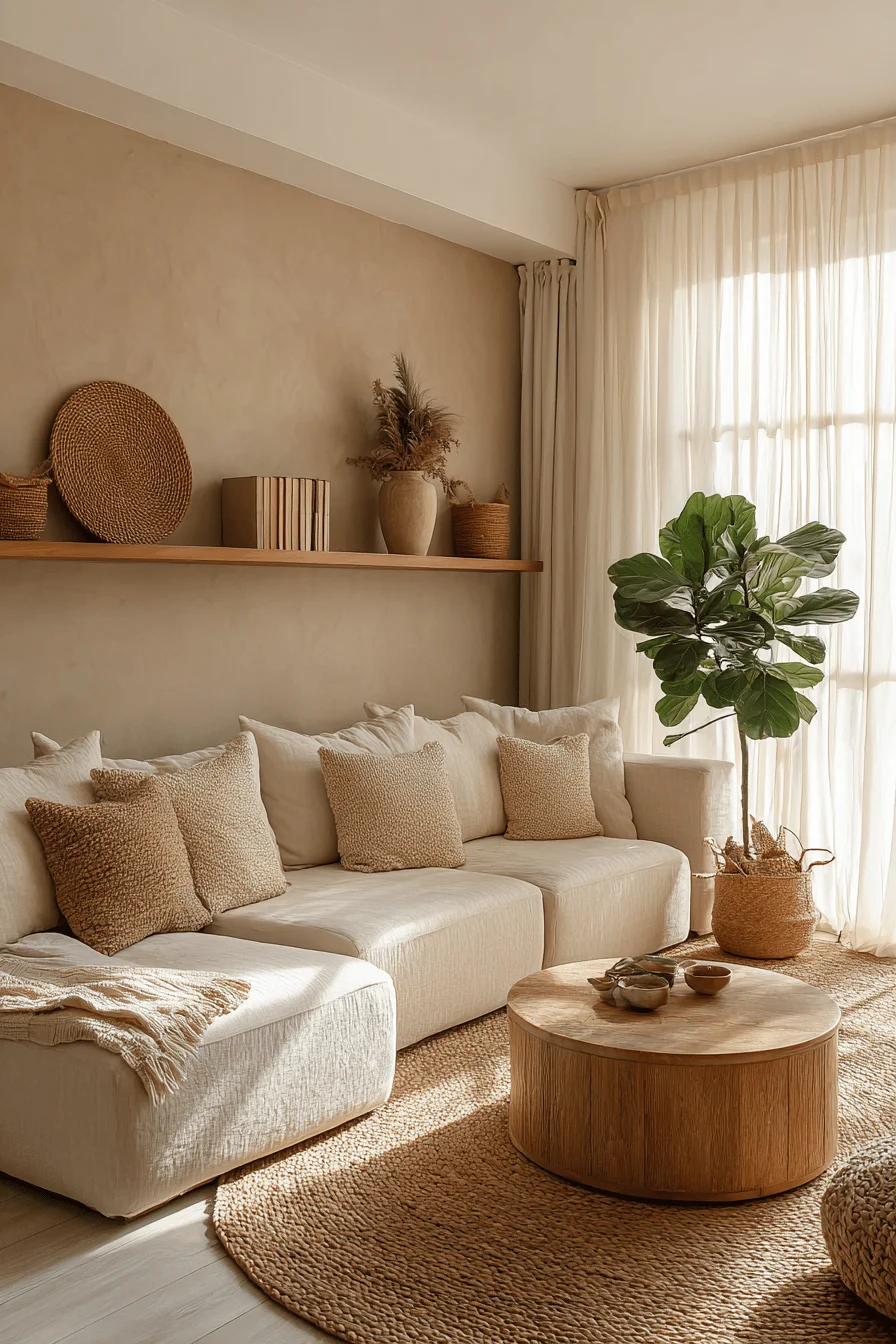 modern earthy home living room with comfortable beige sectional sofa natural elements and warm taupe walls bathed in soft sunlight