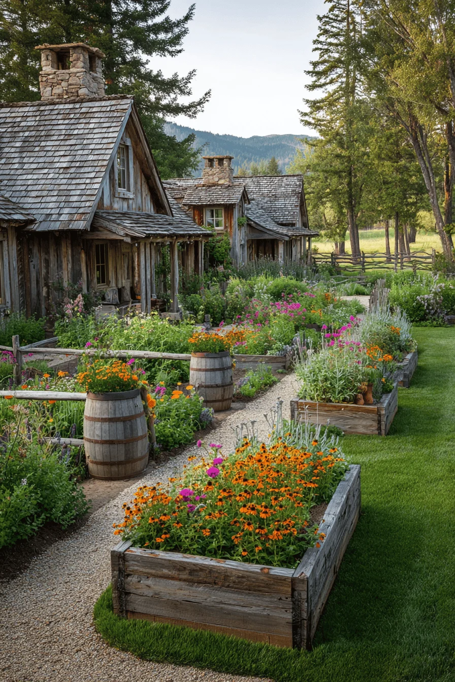 modern farmhouse garden ideas showcasing rustic backyard decor with weathered wooden elements and vibrant farmhouse garden decor plantings