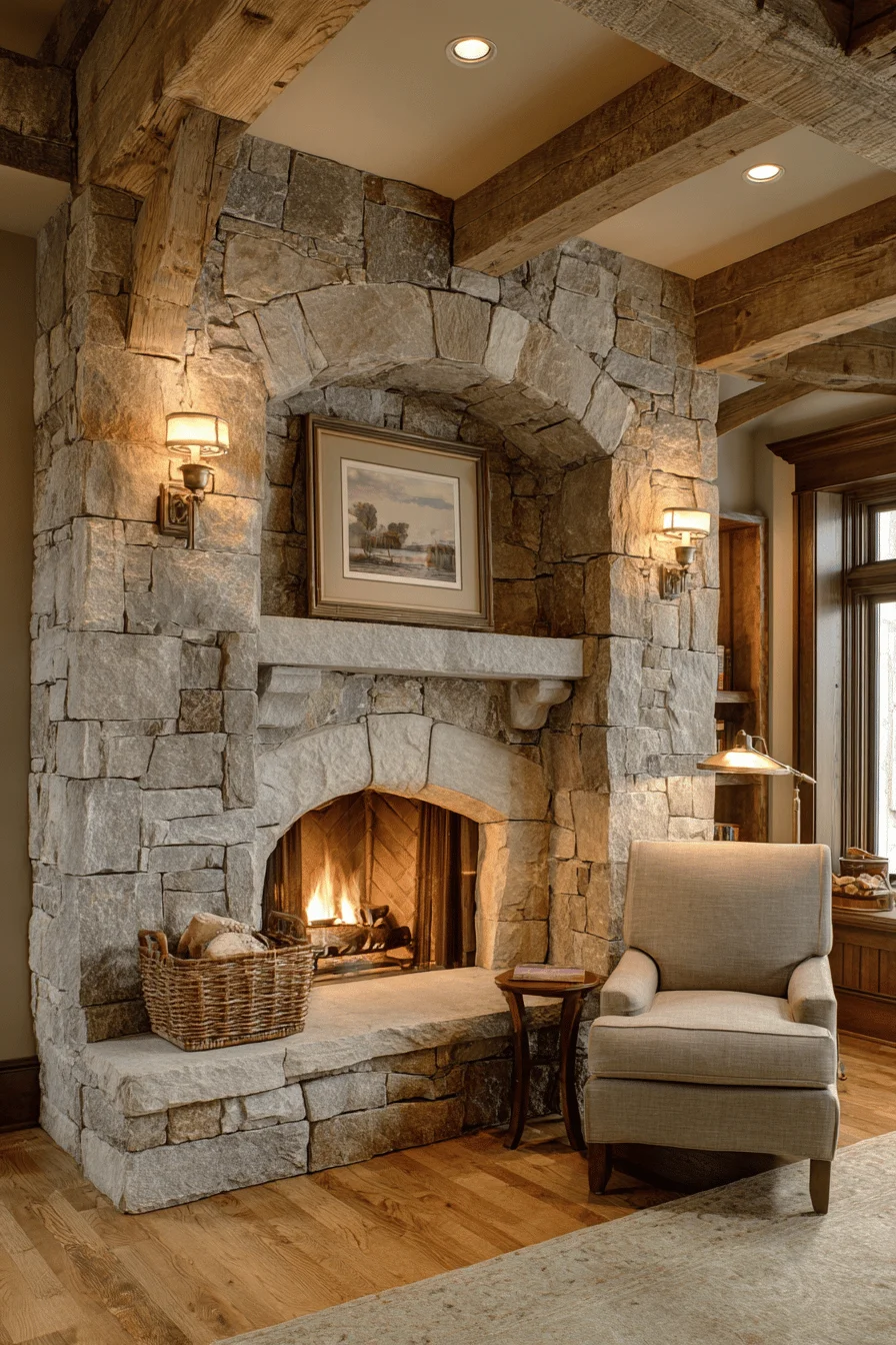 modern interpretation english fireplace ideas with limestone surround wooden beam home decor ideas brass fixtures wool area rug comfortable reading chair