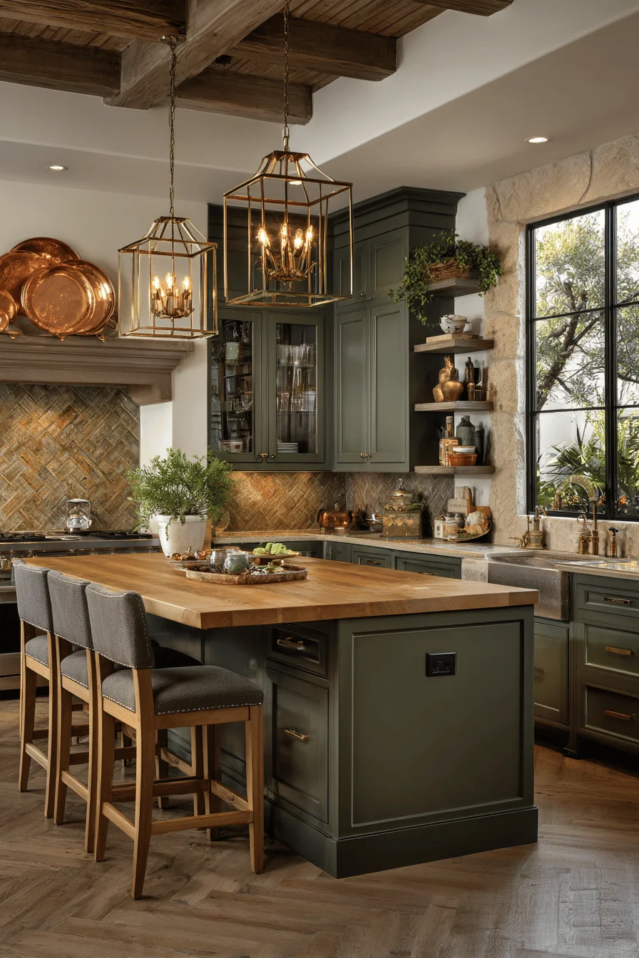 modern kitchen design room decor ideas with rustic dark green kitchen featuring sage cabinetry and oak butcher block