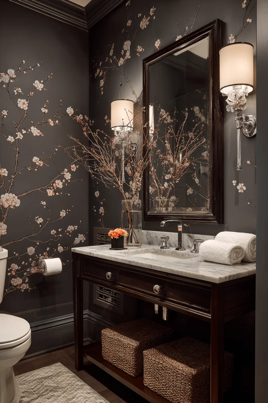 modern victorian downstairs toilet gray walls floral mural wood vanity marble top chrome fixtures elegant powder room design
