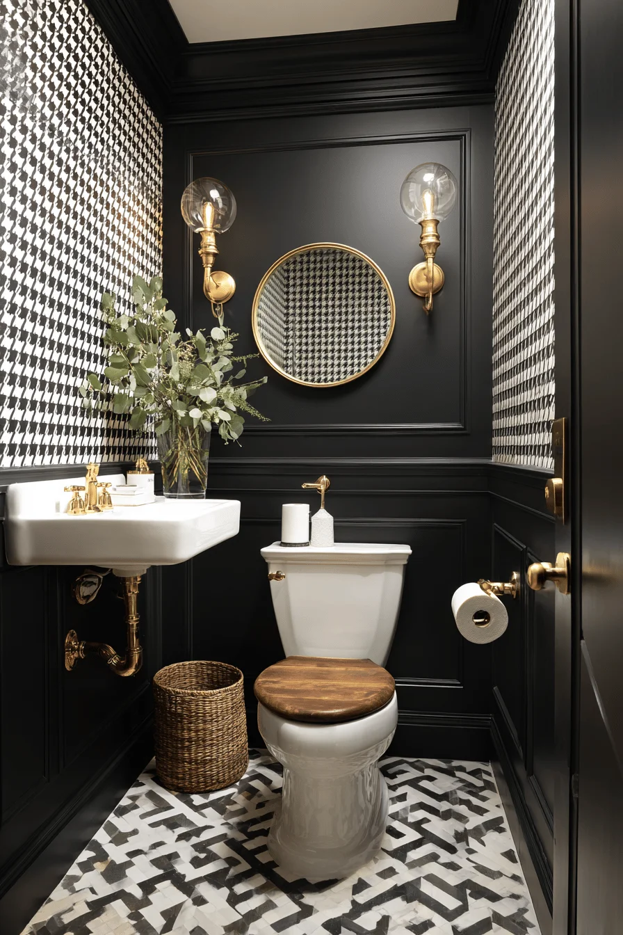 modern victorian downstairs toilet ideas featuring black wainscoting houndstooth wallpaper geometric tile floor brass fixtures