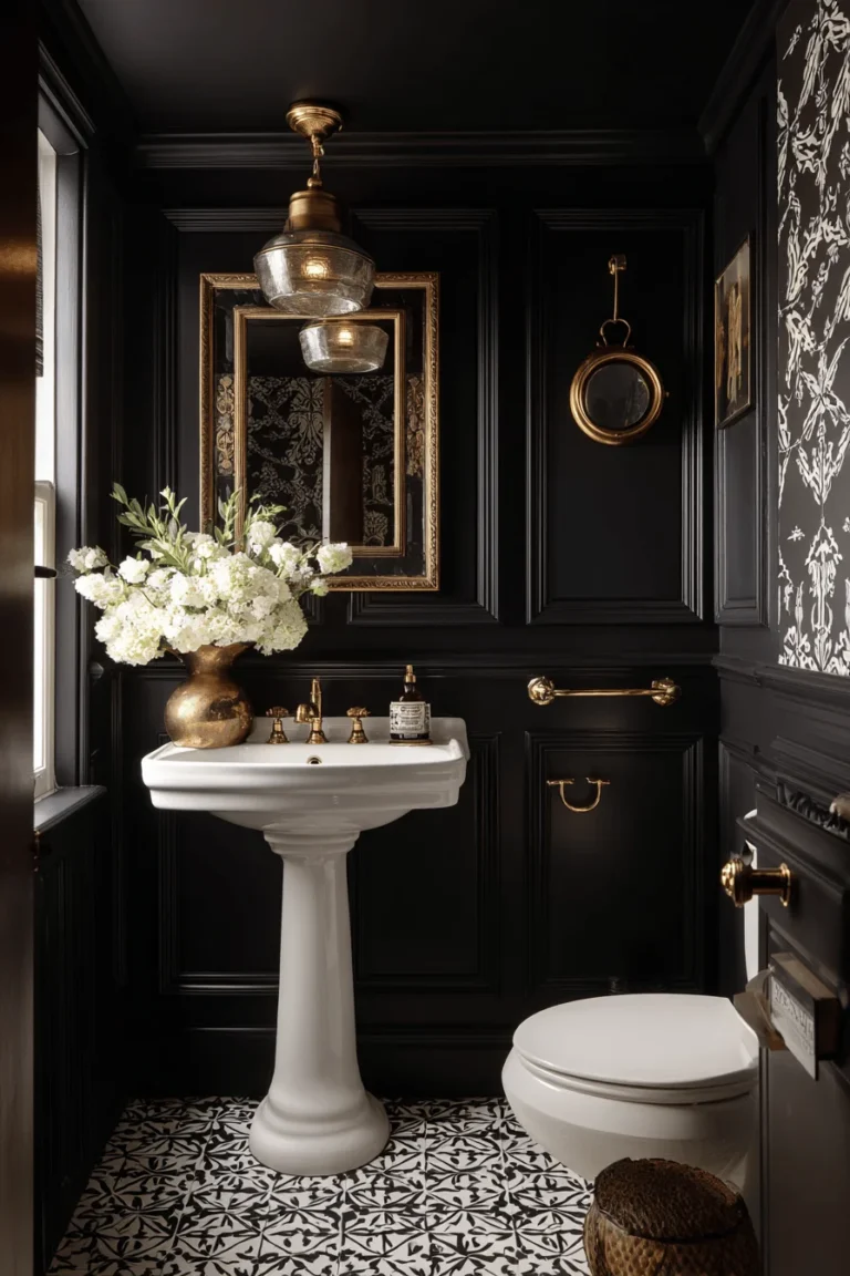modern victorian downstairs toilet with black paneled walls white sink gold mirror patterned floor tile and brass accessories