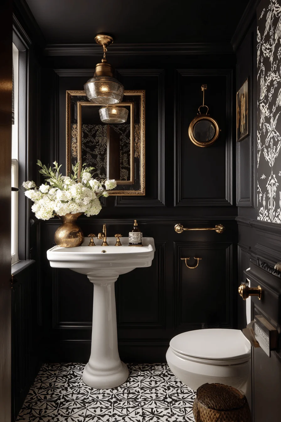 modern victorian downstairs toilet with black paneled walls white sink gold mirror patterned floor tile and brass accessories