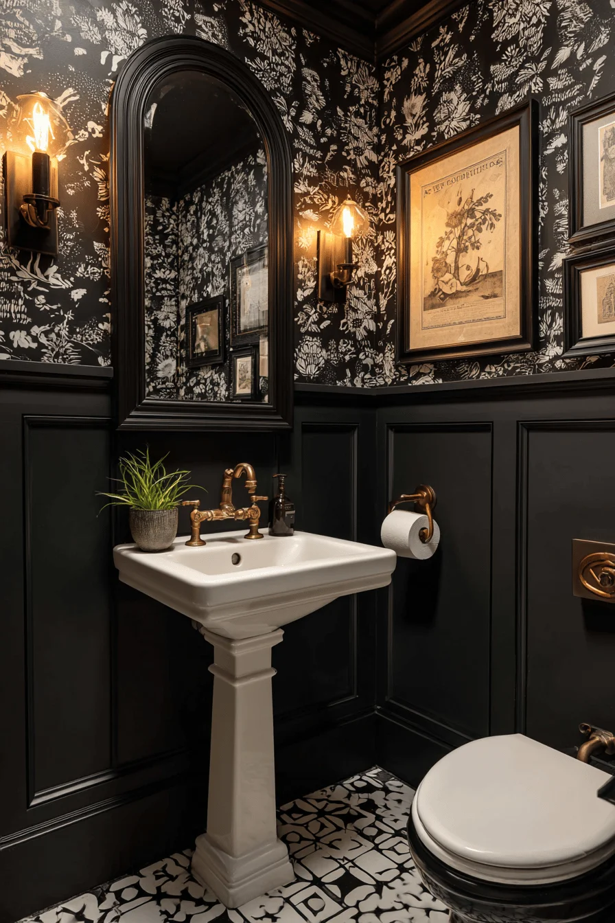 modern victorian downstairs toilet with black wainscoting houndstooth wallpaper pedestal sink and octagonal floor tiles