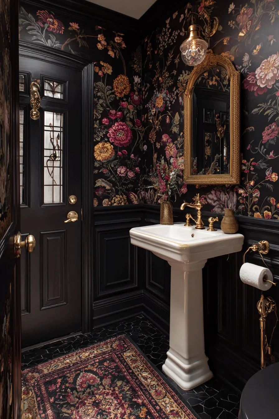 modern victorian downstairs toilet with dark floral wallpaper black paneling white sink gold fixtures funky downstairs toilet ideas